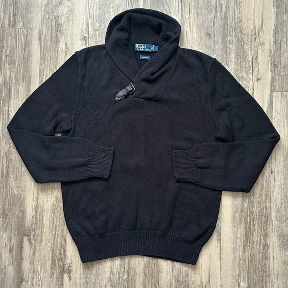 Vintage Polo Ralph Lauren Buckle Shawl Collar Black Knit Sweater Size Large